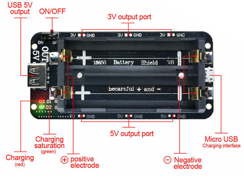 شیلد باتری لیتیومی 18650 دارای دو سطح ولتاژ خروجی 3+ و 5+ ولت و قابلیت شارژ