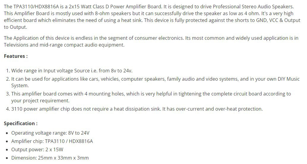 ماژول آمپلی فایر 2x15 وات استریو TPA3110