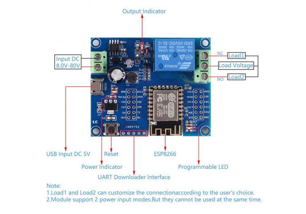 Introduction ESP826 Single way relay development board carry on ESP-12F WiFi module I/O port is fully extracted, supports DC8-80V/USB 5V, and other power supply methods. Supply Arduino development environment reference code, suitable for ESP8266 secondary development learning, smart home wireless control, and other occasions. Specification Onboard mature and stable ESP-12F WiFi module, High capacity4M Byte Flash. Reserve GPIO for ESP-12F Reserve UART firmware update interface Onboard WiFi module RST reset button Onboard 1 channel 5V relay Model: LC-Relay-ESP12-1R-D8 Work Voltage: DC8-80V/USB5V WIFI IC: ESP8266 Communication Protocol: UART Load voltage:AC 250V or DC 30V(Max) Load current:10A(Max) Work Temperature:-25℃~85℃ Work Humidity:5%~95%RH