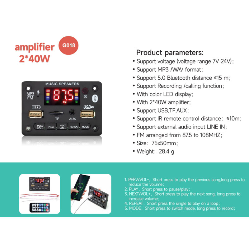 پخش کننده MP3 و آمپلی فایر 2X40W بلوتوثی مدل KH-G018